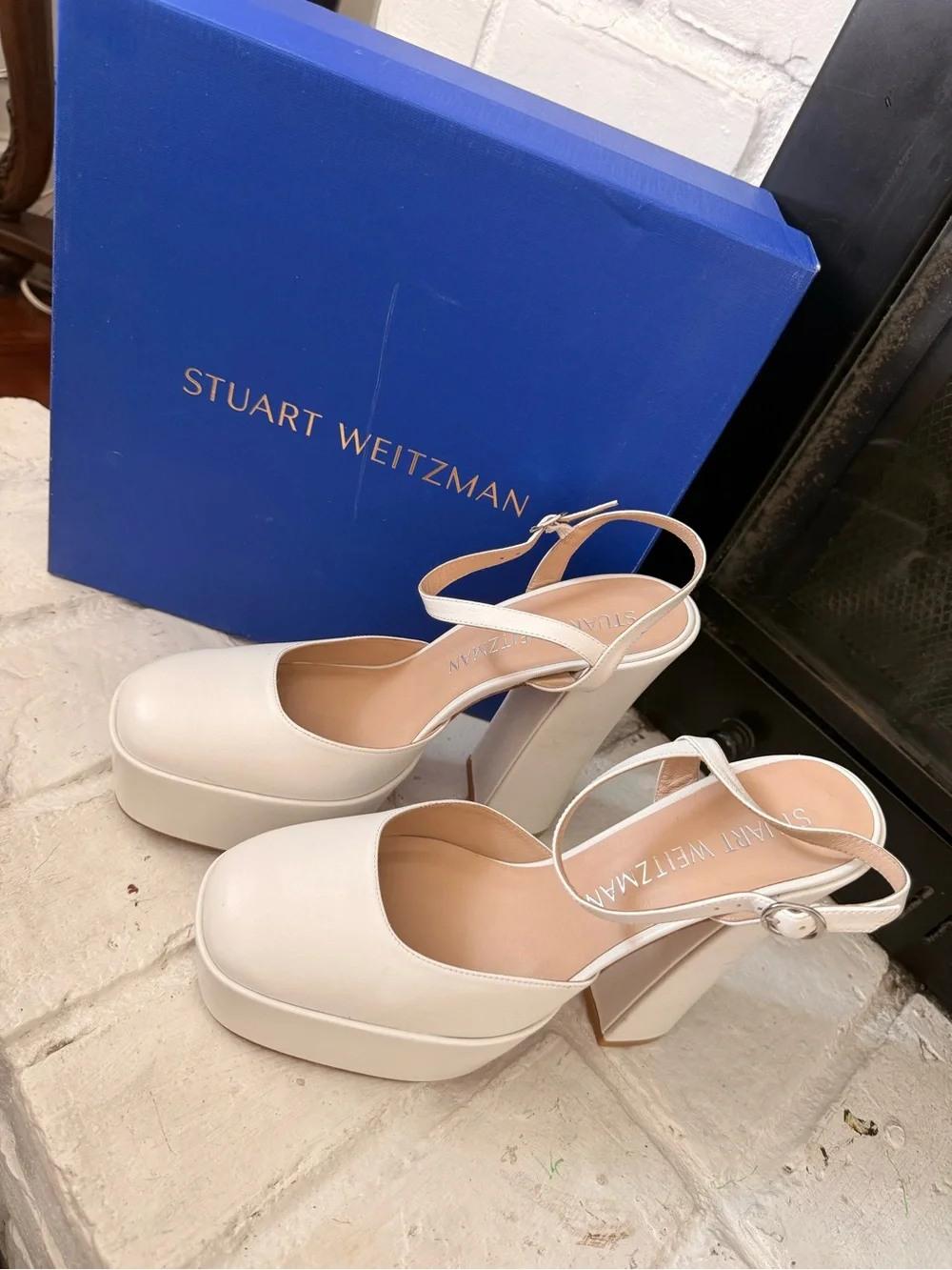Stuart Weitzman Cream Platform Block Heel Sandals